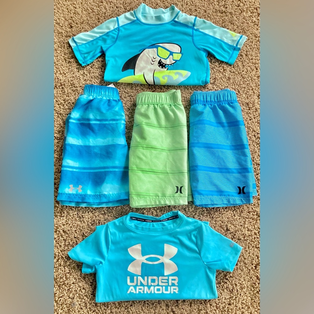 Boys Size 6 Under Armour and Hurley Swim Trunks and Rash Guards